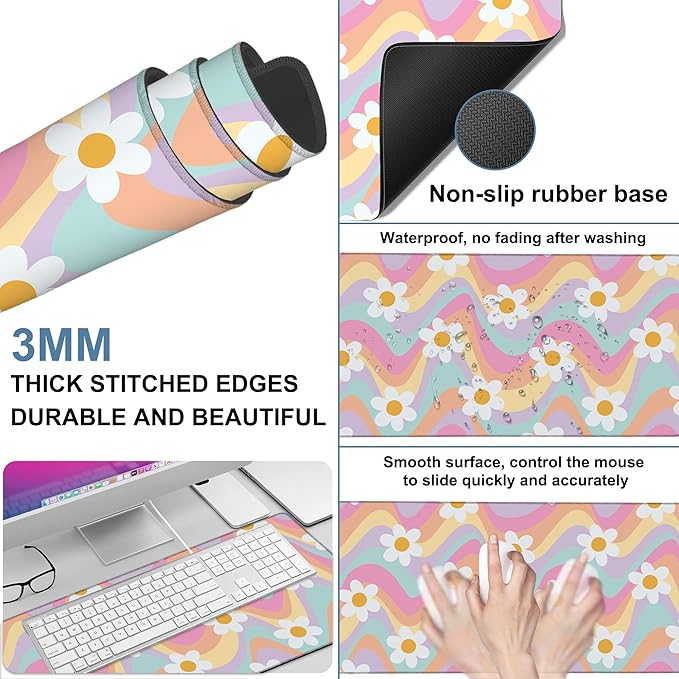 NITAHHHY Large Mouse Pad Floral and Wavy Gaming Desk Pad Computer Keyboard Non-Slip Waterproof Mouse Mat with Rubber Base and Stitched Edges Entertainment Office Writing Desk Mat 35.4 x 15.7 Inches