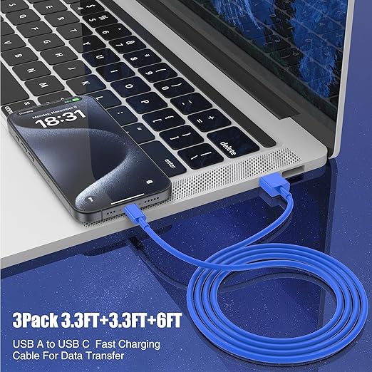 JERMASAL 3-Pack Blue [3.3FT+3.3FT+6FT] USB A to USB C Cable, Compatible with iPhone 15/16, iPad, Samsung, MacBook, PS5 and More, Fast Charging, Carplay Cable