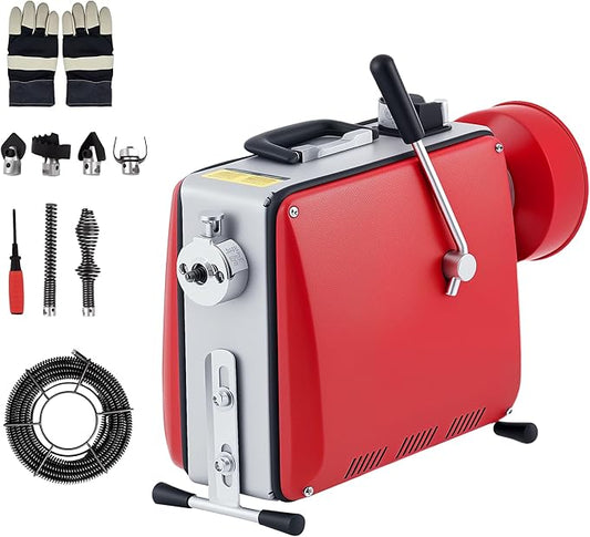 Drain Cleaner Machine with 66FT x 5/8" & 16FT x 3/8" Steel Cables, 7 Cutters, Electric Sewer Snake Drain Auger, 500w Power Drain Cleaner Machine, Auto Feed Pipe Snake for 3/4" to 4" Pipes