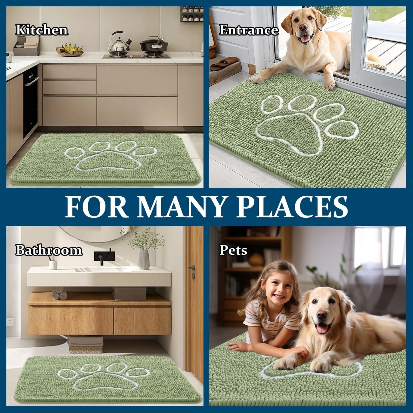 OLANLY Dog Door Mat - Absorbent Muddy Paws Doormat | Non-Slip Chenille, 59x24, Sage Green
