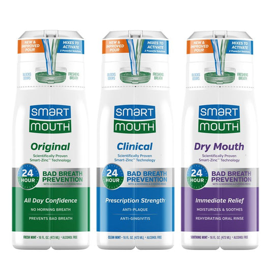 SmartMouth Original, Clinical & Dry Mouth Zinc Activated Mouthwash Bundle - Instant Fresh Breath, Healthy Gum Support & Dry Mouth Relief - Sugar, Gluten & Alcohol-Free - Mint - 16 fl oz Each