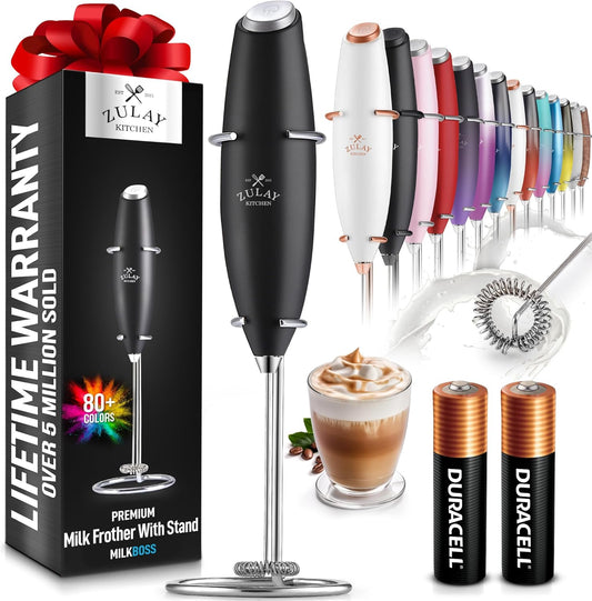 Zulay Kitchen Milk Frother Wand - Ultra-Fast Handheld Electric Whisk for Coffee, Lattes & More - Black