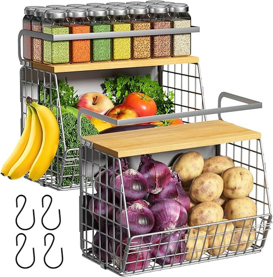 Ofiray-home Magnetic Fridge Shelf with Wood Lid, Fruit Potato Onion Storage Bins, Pantry Organizers, Large Container Spice Rack for Refrigerator, Kitchen Counter, Cabinet (2, Silver)
