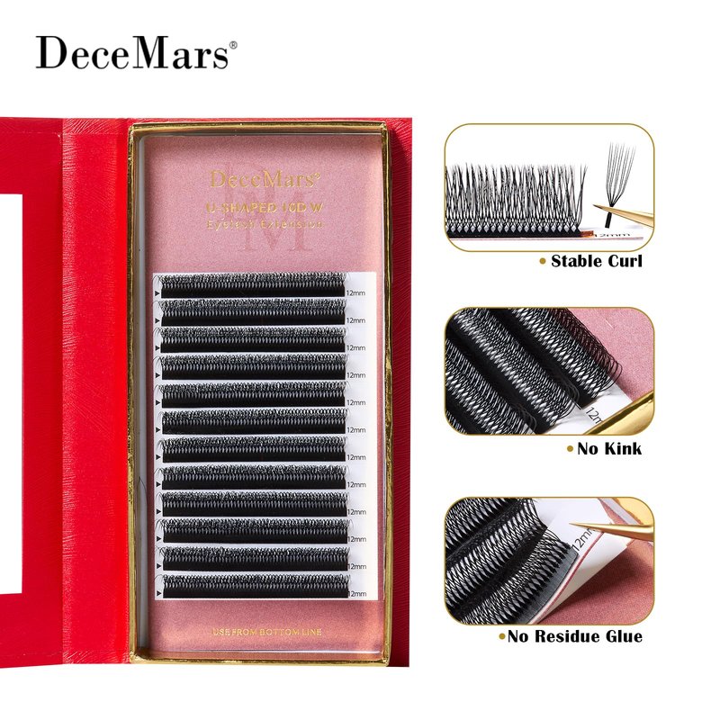 DeceMars 10D U Shaped Eyelash Extensions Easy Fans Double Tips 5D Russian Volume Crisscross Eyelashes Natural Soft YY Lash Extensions Handwoven Mesh Wispy Clusters Matte Black-0.07mm-D-8-15mm Mix