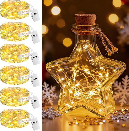 Skiennix 6-Pack Fairy Lights - 20 LED Twinkle String Lights with Timer | 7ft Warm White Decor for Christmas Trees, Wreaths & Parties