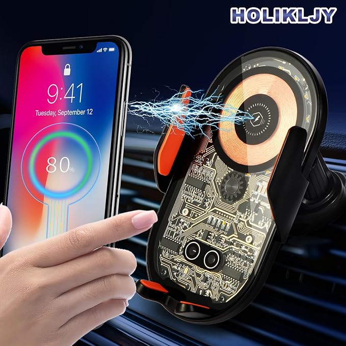 HOLIKLJY Wireless Car Charger, 15W Fast Charging Auto-Clamping Car Charger Phone Mount Air Vent Cell Phone Holder Compatible with iPhone 16 Pro Max/15/14/13/12/11, Samsung Galaxy S23/S22/S21/S20, etc