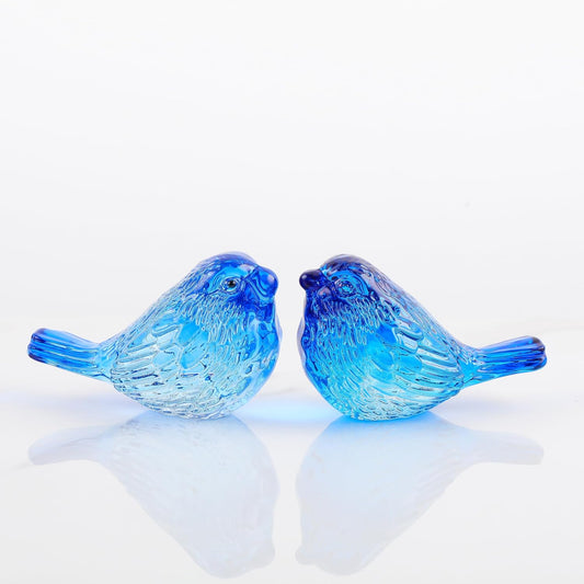 Qianwei Crystal Bird Figurine Set - Handmade Blown Glass Blue Birds for Office Desk Decor | 2-Piece Collectible