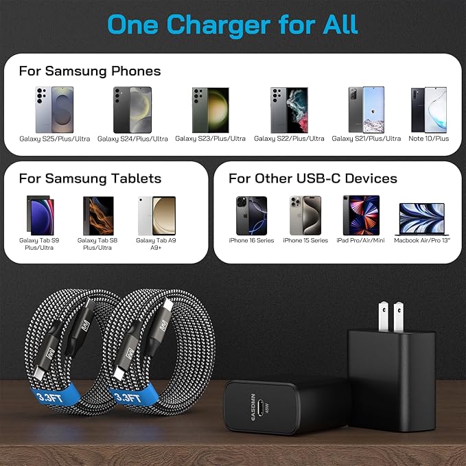 25W Super Fast Charger Type C, [2 Pack] USB-C Charger PD/PPS Wall Charging Block for Samsung Galaxy S26 Ultra/S25 Ultra/S25+/S25/S24/S23 Ultra/S23+/S22 Ultra/S22+/S20 Ultra,Tab S8(with 2X 3.3ft Cable)
