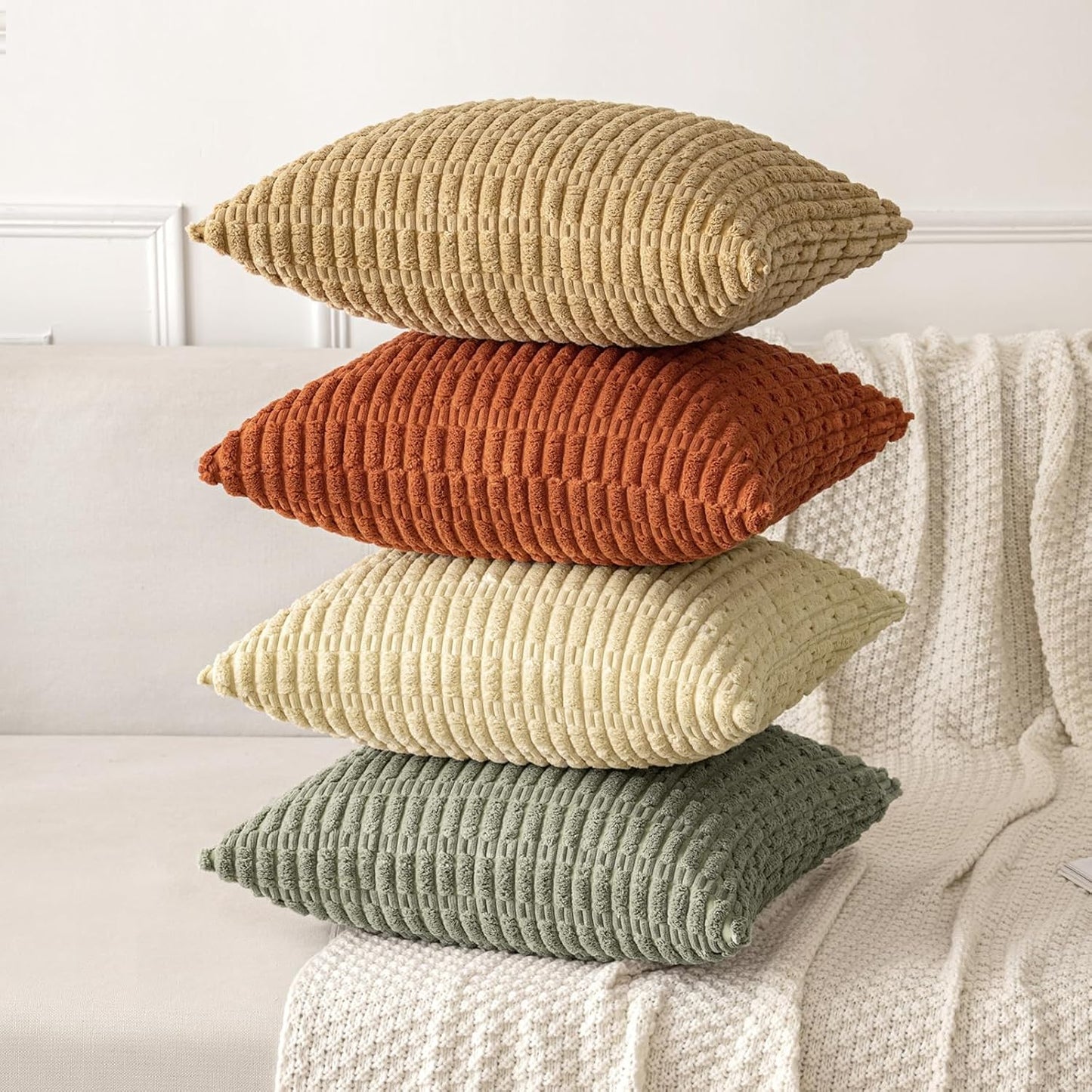 MIULEE Corduroy Throw Pillow Covers - Soft Boho Striped Design | 18x18 Inch Light Olive Green for Modern Home Decor