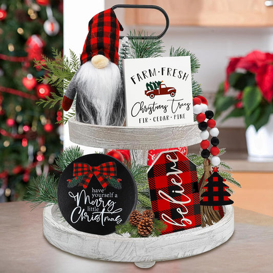 Skiennix Christmas Decorations - Wooden Gnome Signs & Plush Bead Garland Set for Winter Home Decor