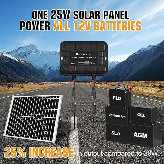 ECO-WORTHY Solar Panel Kit 25W 12V Solar Battery Charger Trickle Maintainer, 25W Solar Panel + Adjustable Mount Bracket + Upgrade Controller,for 12V Batteries Cars RV Boat Motorcycle Marine