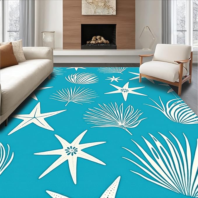 Flatwoven High Traffic Area Rug 3x5, Starfish and Conch Drift with Lighthouse Accents, Non Slip, Stain Resistant, Washable Area Rugs for Living Room, Bedroom (Blue, 3x5)