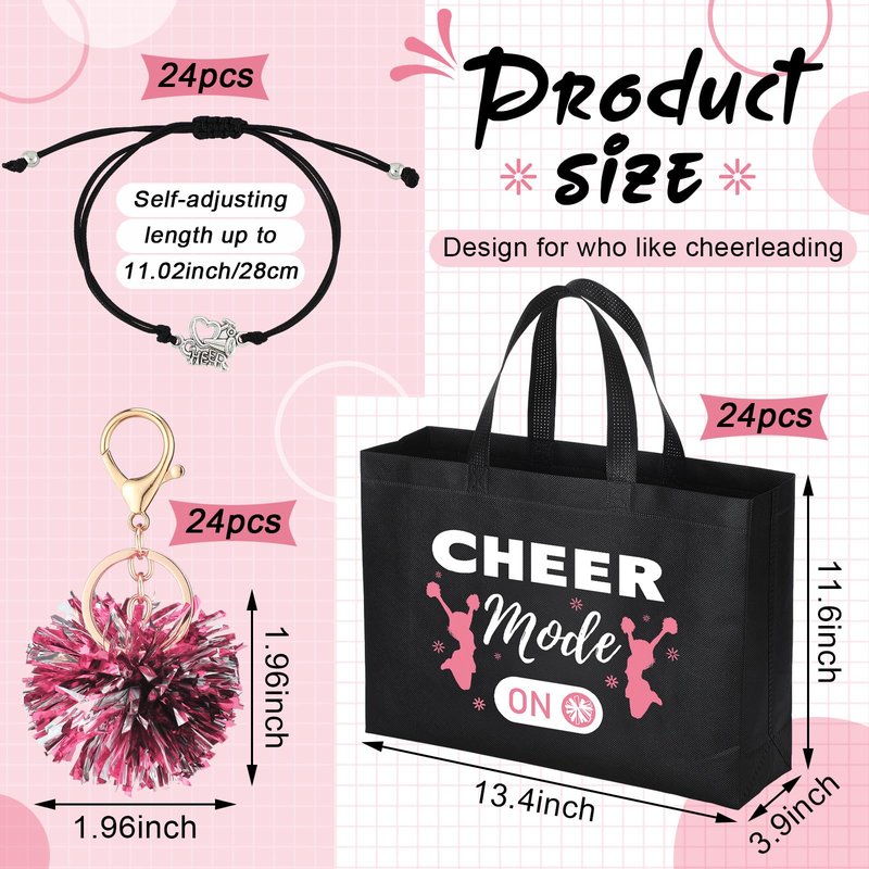 Landical 72 Pcs Pink Cheerleading Gifts 24 Cheer Bags Portable 24 Pom Pom Keychain 24 Cheerleading Bracelet Canvas Makeup Bag Bulk Cheer Gifts Female Teammates Toiletries Accessories