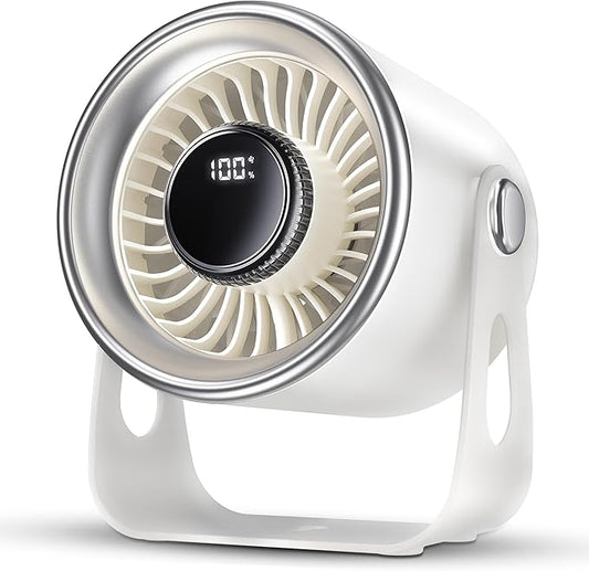 SP Space player Quiet Small Desk Fan with 100 Speeds Knob switch, Digital Display Portable Rechargeable Fan for Office, Bedroom, Kitchen, Home, Outdoor, 135° Tilt Small Travel Camping Table Fan, White