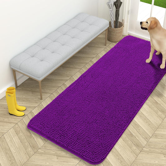 OLANLY Dog Door Mat - Absorbent Non-Slip Washable Chenille Mat for Muddy Paws | 59x24 Inches, Purple