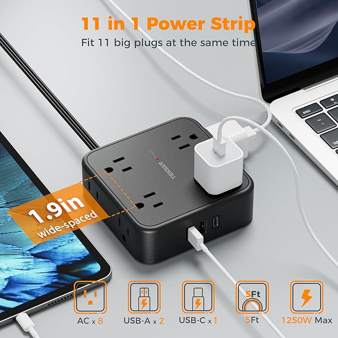 TESSAN Surge Protector Power Strip, 5 Ft Flat Plug Extension Cord with 3 USB (1 USB C) 8 Outlets, 1250W, 900J Protection, 3 Sided Outlet Extender with Power Switch for Office, Dorm Room, Black