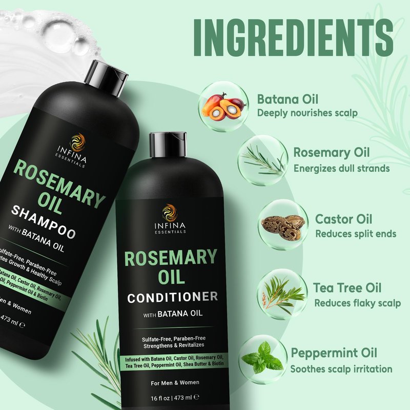 INFINA ESSENTIALS Rosemary Oil Shampoo and Conditioner Set | 16 fl oz Each | with Batana Oil & Biotin | Sulfate-Free Thickening Formula for Thinning Hair | For Men & Women
