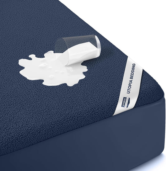 Utopia Bedding Twin Size Mattress Protector - Waterproof Terry Cover with Deep Pockets | Soft & Breathable Navy Blue