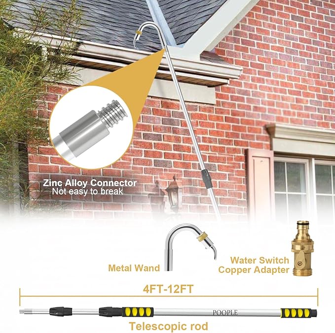 12ft (20ft Reach) Gutter Cleaning Tools from The Ground, Telescoping Rain Gutter Cleaner Tool, Gutters Cleaning Wand, Gutters Cleaning Hose Attachment & Connection Adapter