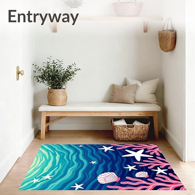 Flatwoven High Traffic Area Rug 8x8, Ocean Treasure Marine Life Bathroom Contour Ensemble, Non Slip, Stain Resistant, Washable Area Rugs for Living Room, Bedroom (Blue, 8x8)