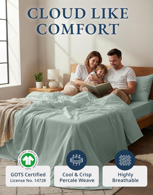 LANE LINEN 100% Organic Cotton King Sheets - Soft & Comfy Percale Bedding | 15" Deep Pocket, Eco-Friendly Cool Blue