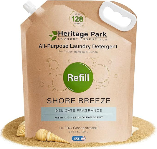 Heritage Park All-Purpose Shore Breeze, Lightly Scented, pH-Neutral Laundry Detergent - Stain-Fighting Enzymes, Ultra Concentrated (64 fl oz Refill Pouch)