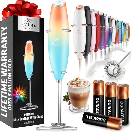 Zulay Kitchen Milk Frother Wand - Ultra-Fast Handheld Electric Whisk for Coffee, Lattes & More - Sunrise Color