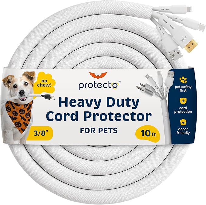 PROTECTO Heavy Duty Dog & Cat Cord Protector 10ft Long Sleeve, Easy-to-Use 3/8 in Cord Cover for Pet, Odorless White Color, No Chew Solution for Power, Audio & Video Wire Tubing, Fits 4-6 Cables