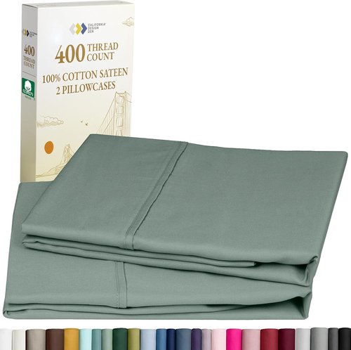 California Design Den Pillowcase Set | 400 Thread Count 100% Cotton Sateen | Soft & Breathable | Queen Size - Sage Green