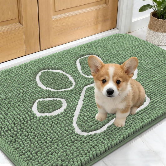 OLANLY Dog Door Mat - Absorbent Muddy Paws Doormat | Non-Slip, Quick Dry Chenille, 24x16, Olive Green & White