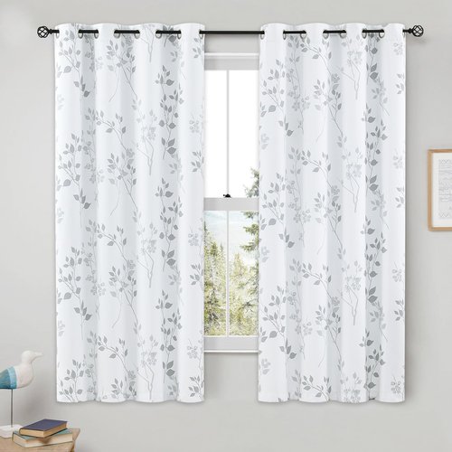 Beauoop Floral 100% Blackout Curtains 63 Inch Length 2 Panels for Bedroom Living Room Grey White Flower Patterned Room Darkening Thermal Insulated Soundproof Grommet Window Treatments Drapes, 52X63