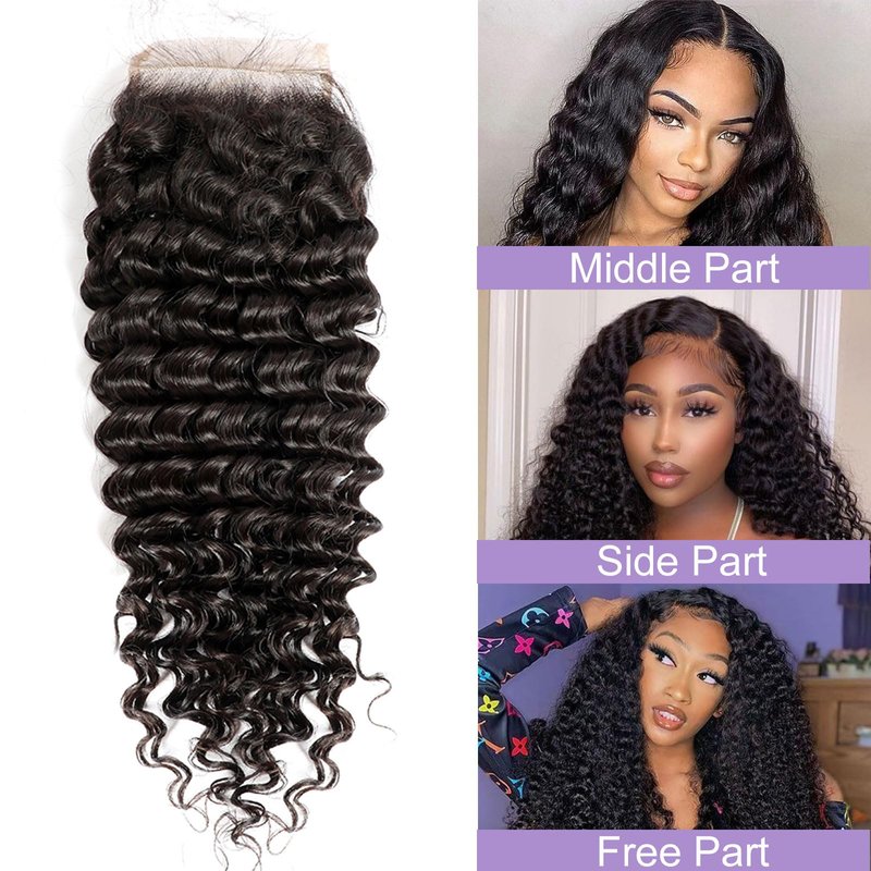 DSEKCAIN 5x5 HD Lace Closure Human Hair Deep Wave Transparent Closure Deep Curly Raw Virgin Pre Plucked Natural Black 1B Color 14 Inch
