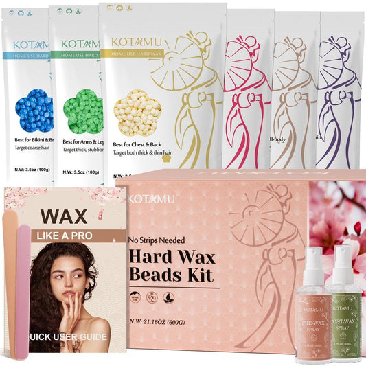 KOTAMU Hard Wax Beads, 6 Packs Waxing Beads for Hair Removal- Facial Bikini Brazilian Leg Sensitive Skin Full Body- Stripless Wax Beans Kit for Coarse & Fine Hair, Ideal for Women Men Home Salon Use