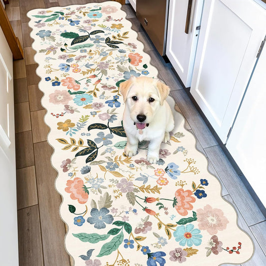 Skiennix Washable Hallway Runner Rug - Floral Non-Slip Vintage Carpet | Ultra Soft 2x6 Cream Mat