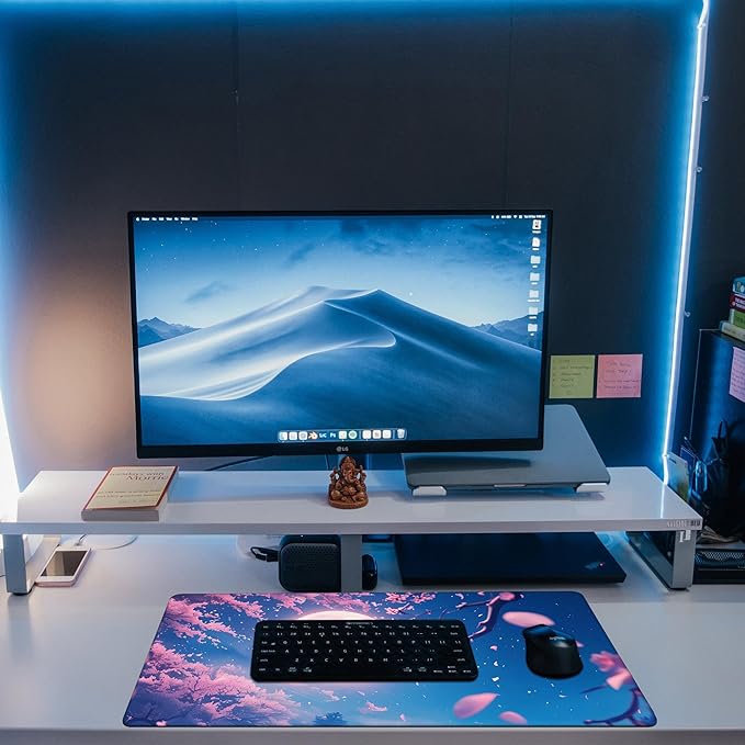 KOAIWPAE Large Gaming Mouse Pad for Desk, Falling Cherry Blossoms Desk Mat, Bright Full Moon Desk Pad, 31.5"x15.7" Extended Big Computer Keyboard Mouse Pad with Non-Slip Base and Stitched Edge