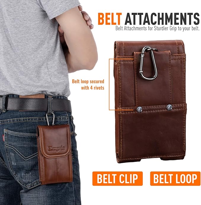Hengwin Genuine Leather Cell Phone Holster for Outdoor Walking Working, Phone Holder Belt Pouch Case with Belt Clip Fits for iPhone 17 Pro Max 16 Pro Max Samsung Galaxy S25 Edge S24 Ultra (Brown)