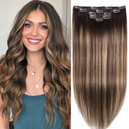 Clip in Hair Extension Real Human Hair Balayage Clip in Extensions for Women 80g/5pcs Balayage Chocolate Brown to Caramel Blonde Human Hair Extensions Clip ins 14 Inch Gift