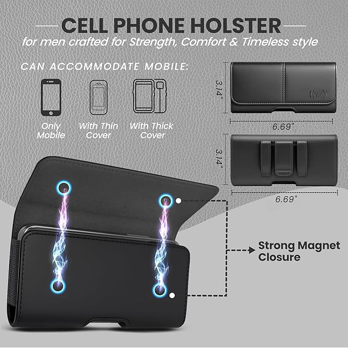 Wireless City Large Leather Phone Holster for iPhone 16/15/14 Plus, iPhone Air 2025, 11 Pro Max, XS Max, Horizontal Belt Clip & Loop Phone Pouch, Magnetic Closure Belt Holder for Men & Women (Black)