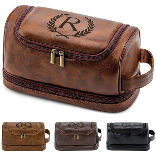 Aganmi Travel Essentials Accessories Initial Letter Hanging Toiletry Bag for Men, Personalized PU Leather Waterproof Travel Size Toiletries Storage Organizer Shaving Bag for Men, Reddish Brown R