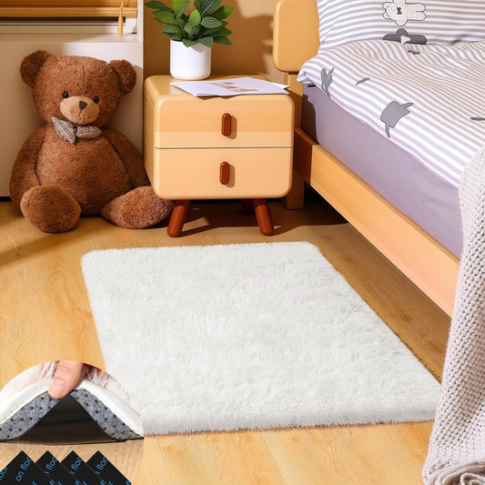 Mhyup 2x3 Cream White Rugs for Bedroom Living Room, Fluffy Small Area Rug Soft Shag Carpet for Kids Boys and Girls Room with 4 Rugs Non-Slip Stickers Dorm Home Decor (2ft x 3ft)