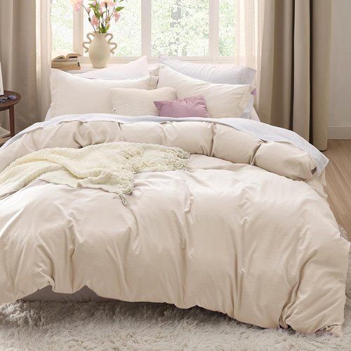 Bedsure Oat Milk Duvet Cover Set - Full Size 3-Piece Extra Soft Cotton-Like Polyester Bedding, 80x90 Inches