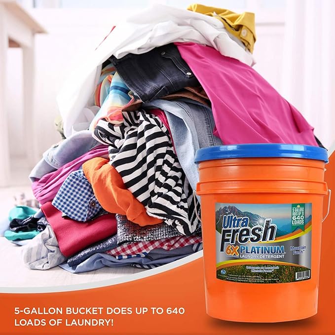 Ultra Fresh 6X Platinum 5 Gallon Laundry Detergent Liquid for All Machine Types with Easy Dispensing Pump, Up to 640 Loads, Mountain Fresh (4 Pack)