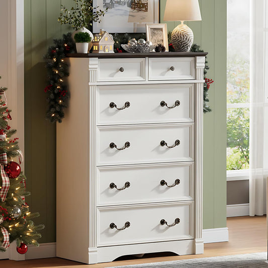 Regine Switzerland White 6-Drawer Dresser - Rustic Tall Chest with Chic Wood Pilasters | 47” Bedroom Organizer