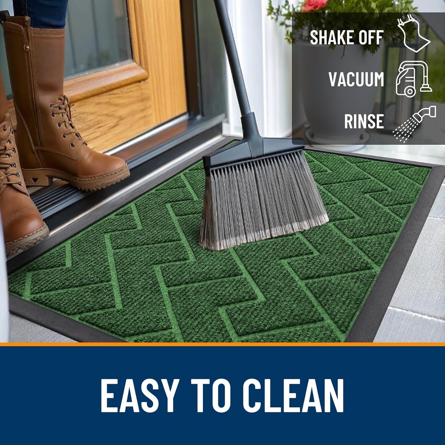 OLANLY Indoor Outdoor Front Door Mat - Waterproof All-Weather Herringbone Design | Easy Clean, 47x17 Inches (Green)