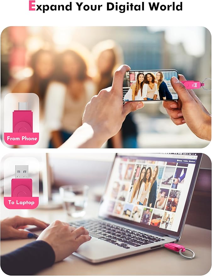 MOSDART 128GB USB 3.2 Fast Speed C and A Dual Flash Drive, exFAT Memory Stick with Keychain and LED Indicator, for iPhone 15,16,17, Android Phone, iPad, MacBook, and Other Laptops, Hot Pink