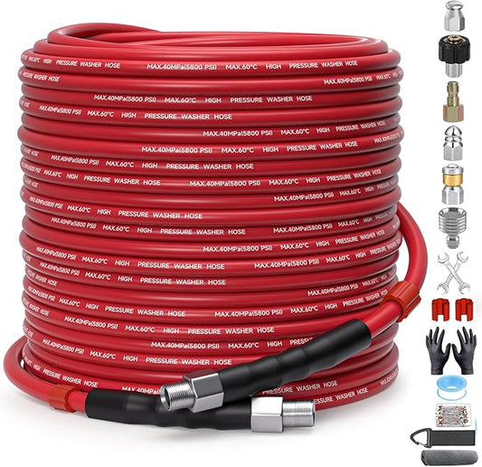 Sewer Jetter Kit for Pressure Washer â 150ft Water Jet Drain Cleaning Hose 5800PSI 1/4 Inch NPT Corner with Sewer Cleaning Tool High Pressure Nozzles and Spanner Waterproof Tape