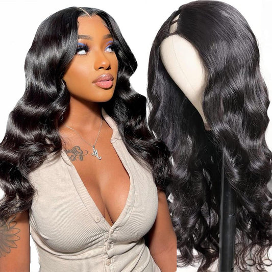 Glowig U Part Human Hair Wig Body Wave for Women Brazilian Remy Upart Human Hair Wig Beginner Friendly No Sew in NO Glue 180% Density Natural Color 14Inch