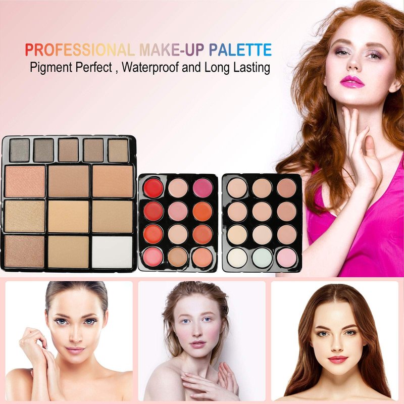 Pure Vie All-in-One Holiday Makeup Gift Set Xmas Essential Starter Bundle Include Eyeshadow Palette Lipgloss Concealer Blush Eyebrow Foundation Face Powder Eyeliner Pencil