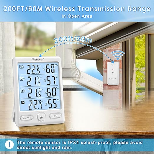 Geevon Indoor Outdoor Thermometer Wireless, 5-Inch Display Digital Hygrometer Thermometer Temperature Humidity Monitor with 3 Remote Sensors and Backlight, Battery-Powered