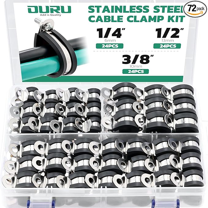 OURU 72PCS Stainless Steel Cable Clamp,Rubber Coated Cushioned Insulated Cable Clamps Assortment Kit-Metal Wire Clamps,Cable Clips,Pipe Clamps